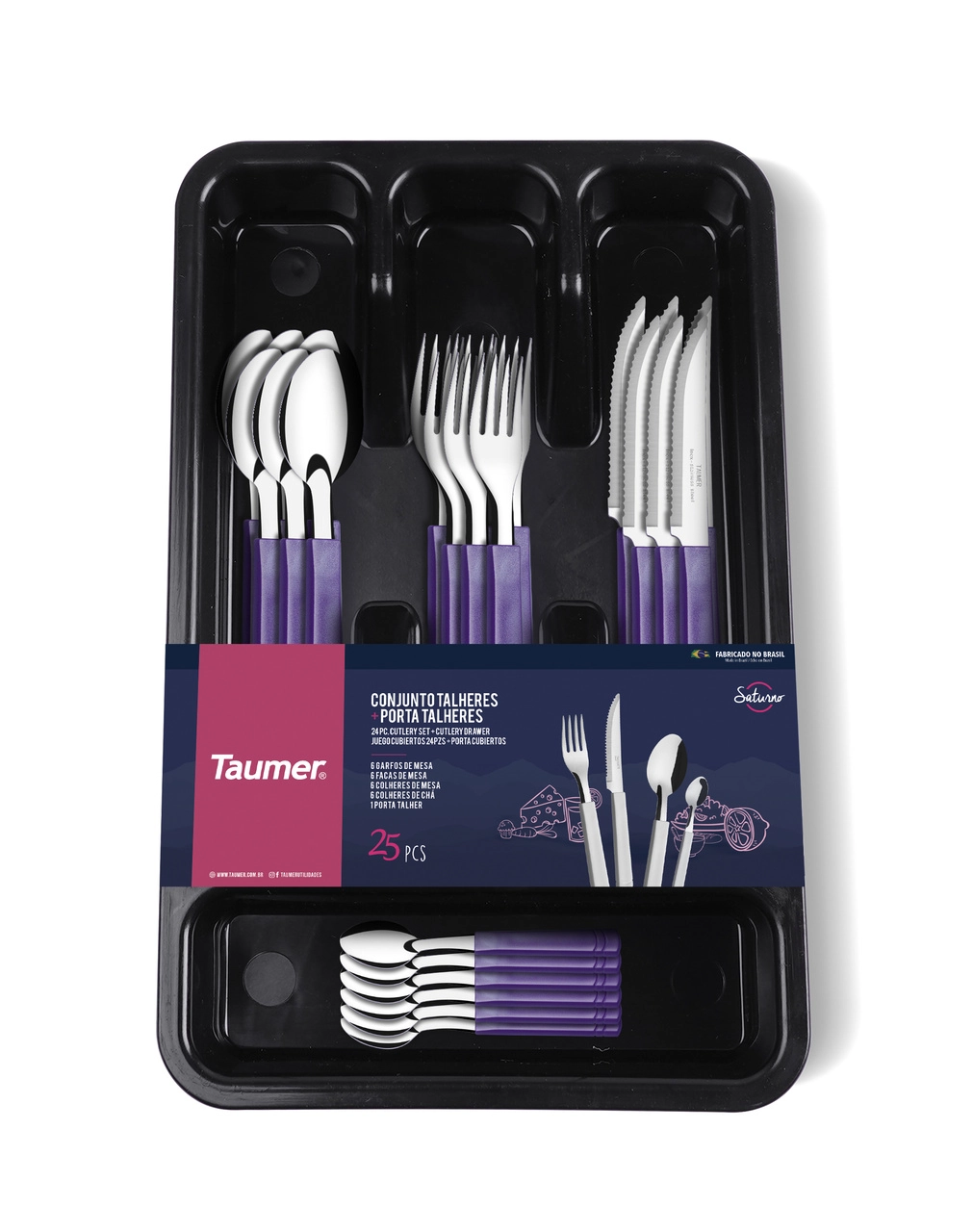 Conjunto De Talheres Taumer Saturno Lilas C/24 Mais Porta Talheres