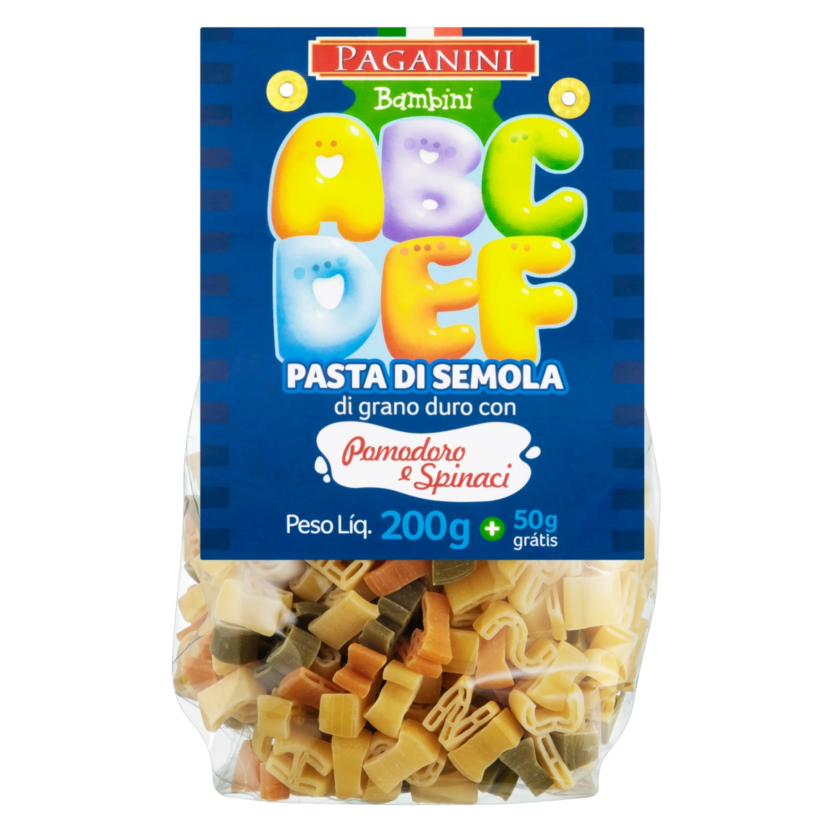 Macarrão De Sêmola Grano Duro Tricolor Letrinhas Paganini Bambini Pacote 200g Grátis 50g