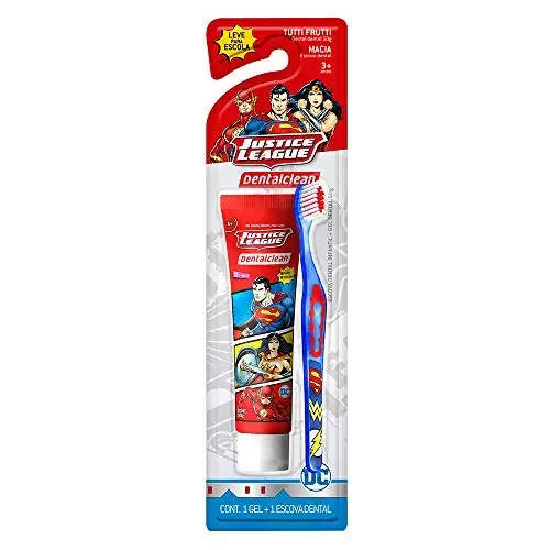 Kit Escova Dental Macia Gel Dental Com Flúor Tutti Frutti 50g Infantil Justice League Dentalclean