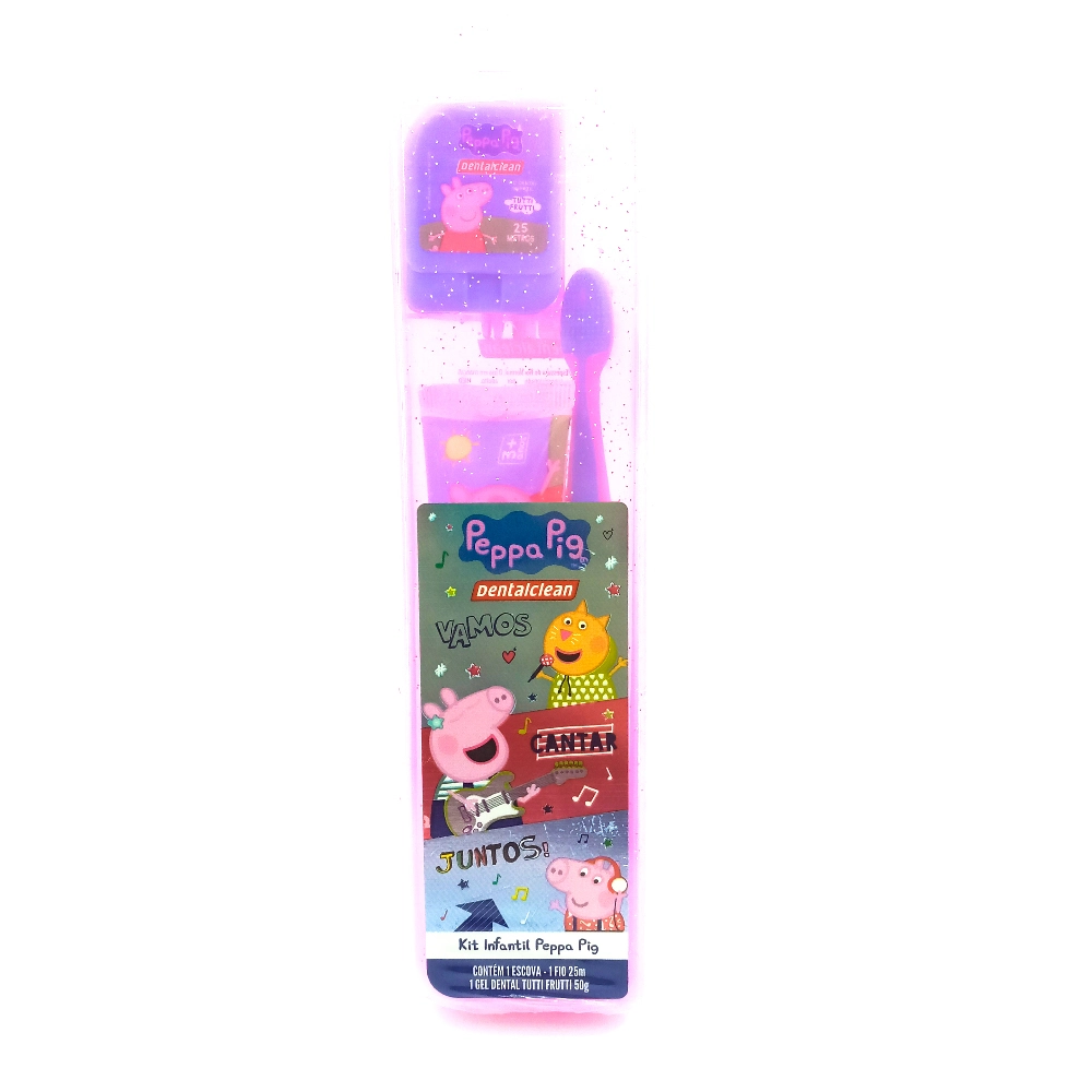 Kit Escova Dental Macia Fio Dental 25m Gel Dental Infantil Com Flúor Tutti Frutti 50g Peppa Pig Dent