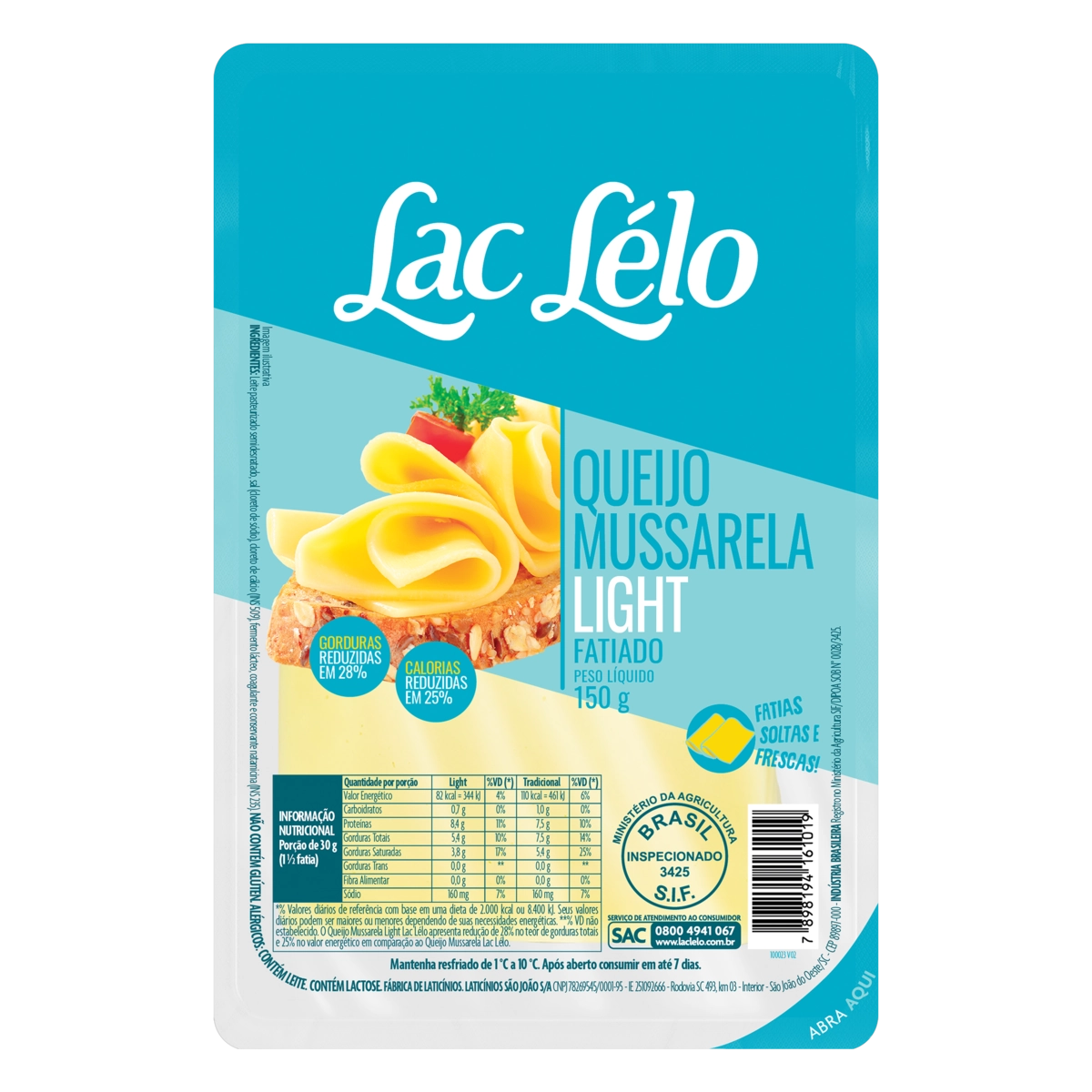 Queijo Mussarela Fatiado Light Lac Lélo 150g