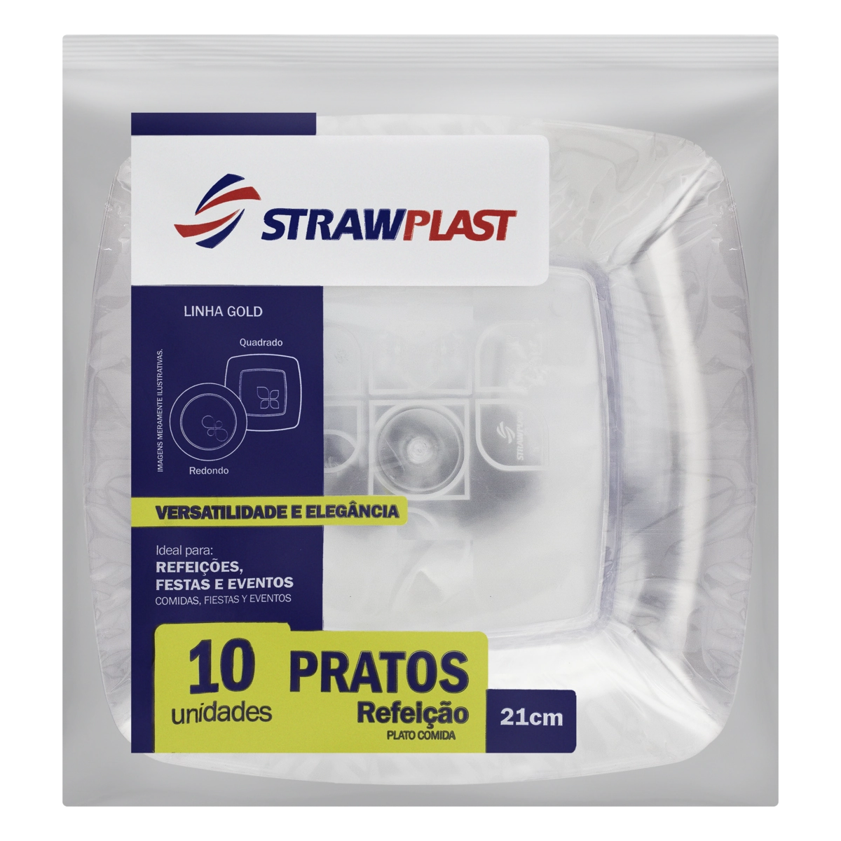 Prato Plástico Descartável Refeição Cristal Strawplast Gold 21cm 10 Unidades