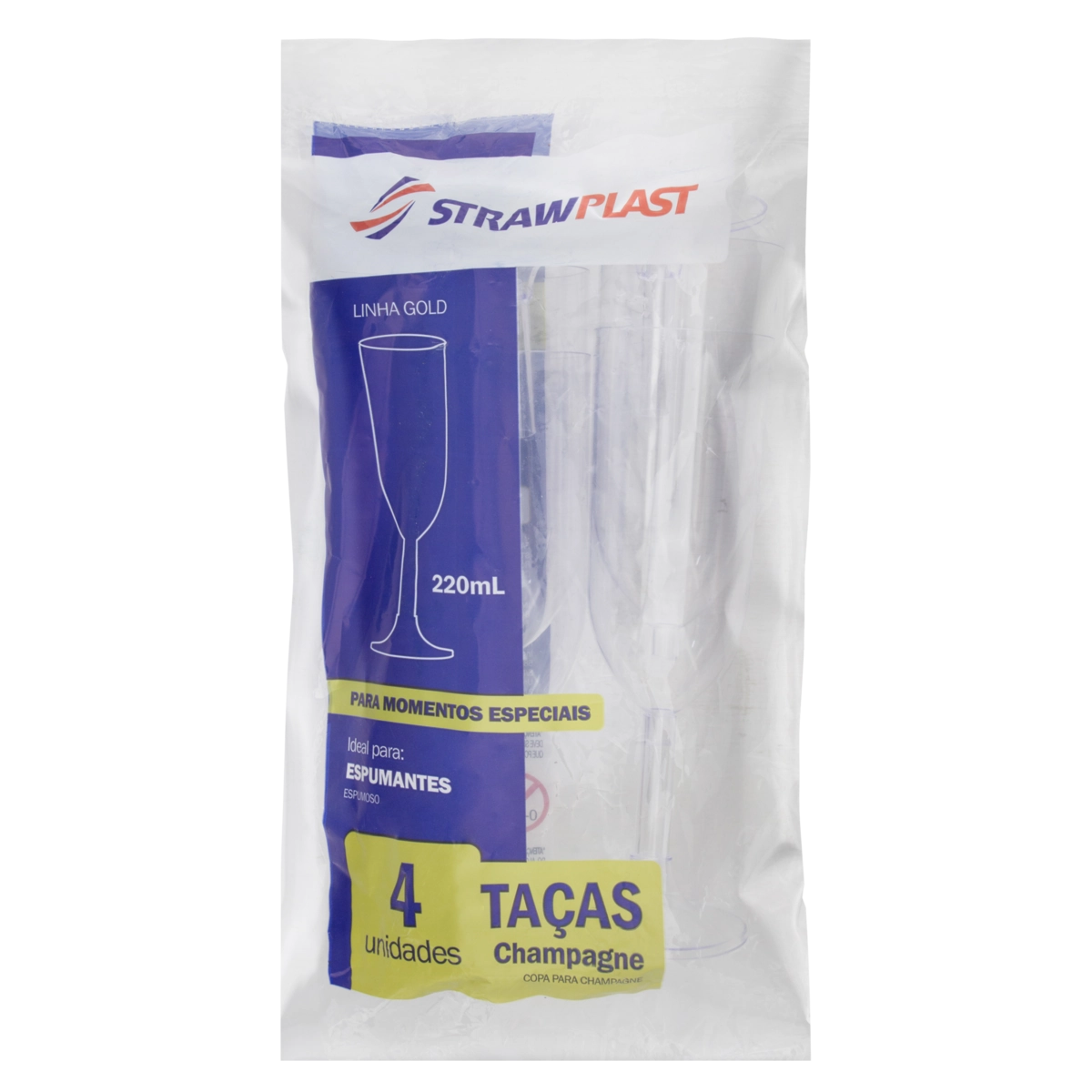 Taça Descartável Champagne Cristal 220ml Strawplast Gold Pacote 4 Unidades