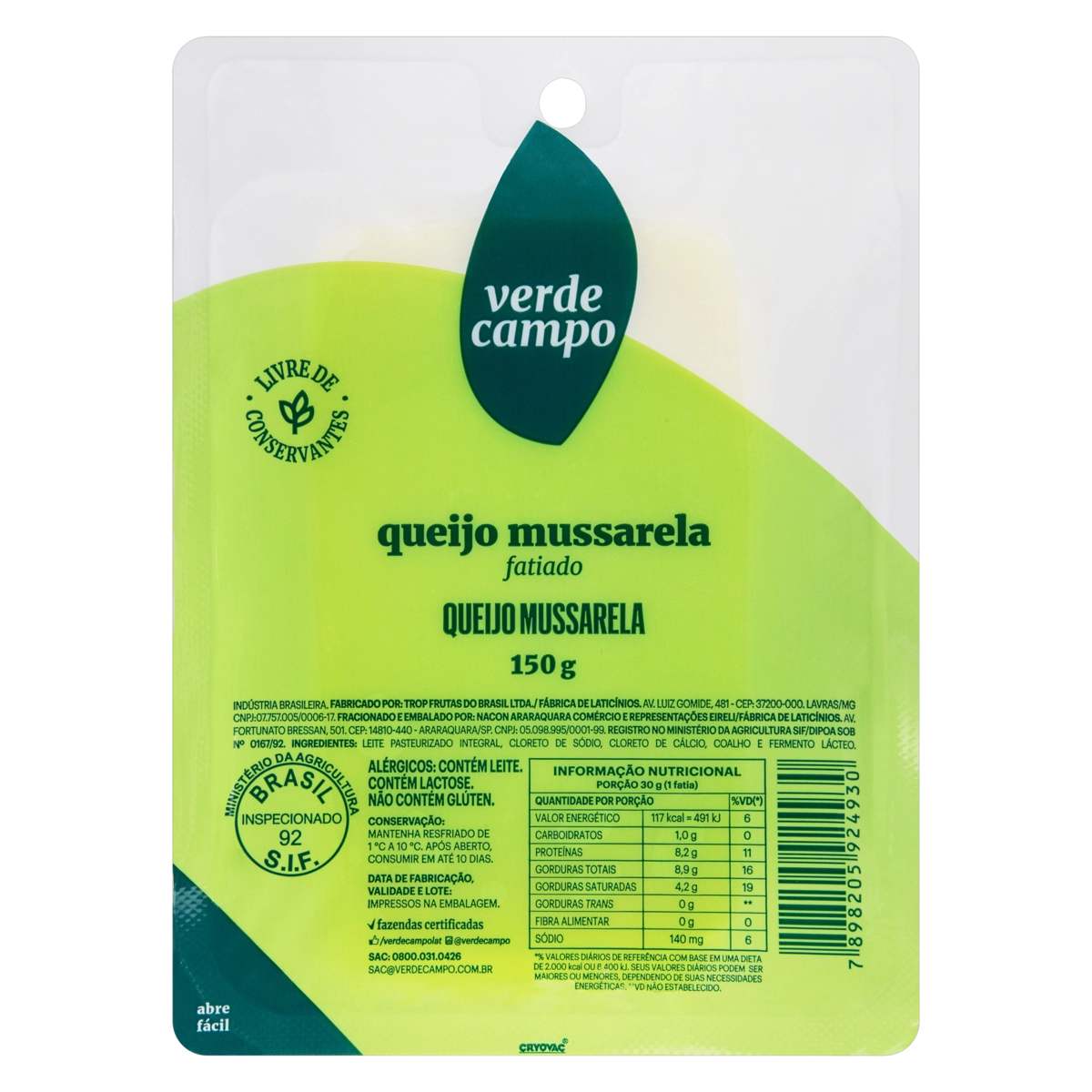 Queijo Mussarela Fatiado Verde Campo 150g