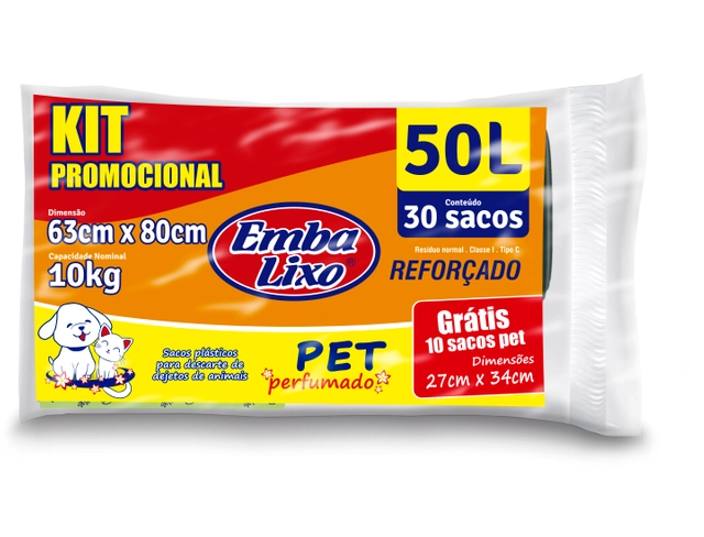 Saco De Lixo Embalixo Kit Promocional Pet Reforçado E Perfumado 50 Litros 10 Sacos 590g