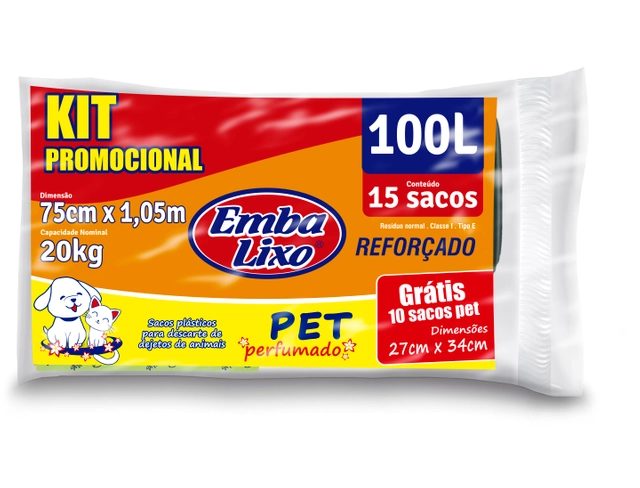 Saco De Lixo Embalixo Kit Promocional Pet Reforçado E Perfumado 100 Litros 15 Sacos 590g