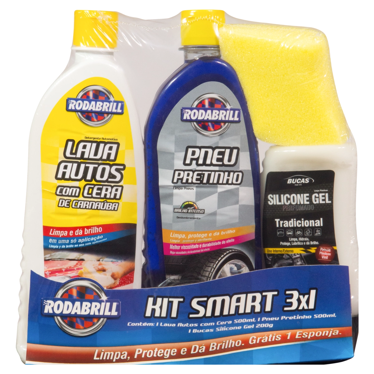 Kit Pneu Pretinho 500ml Lava Autos Com Cera 500ml Silicone 200g Rodabrill Grátis Esponja