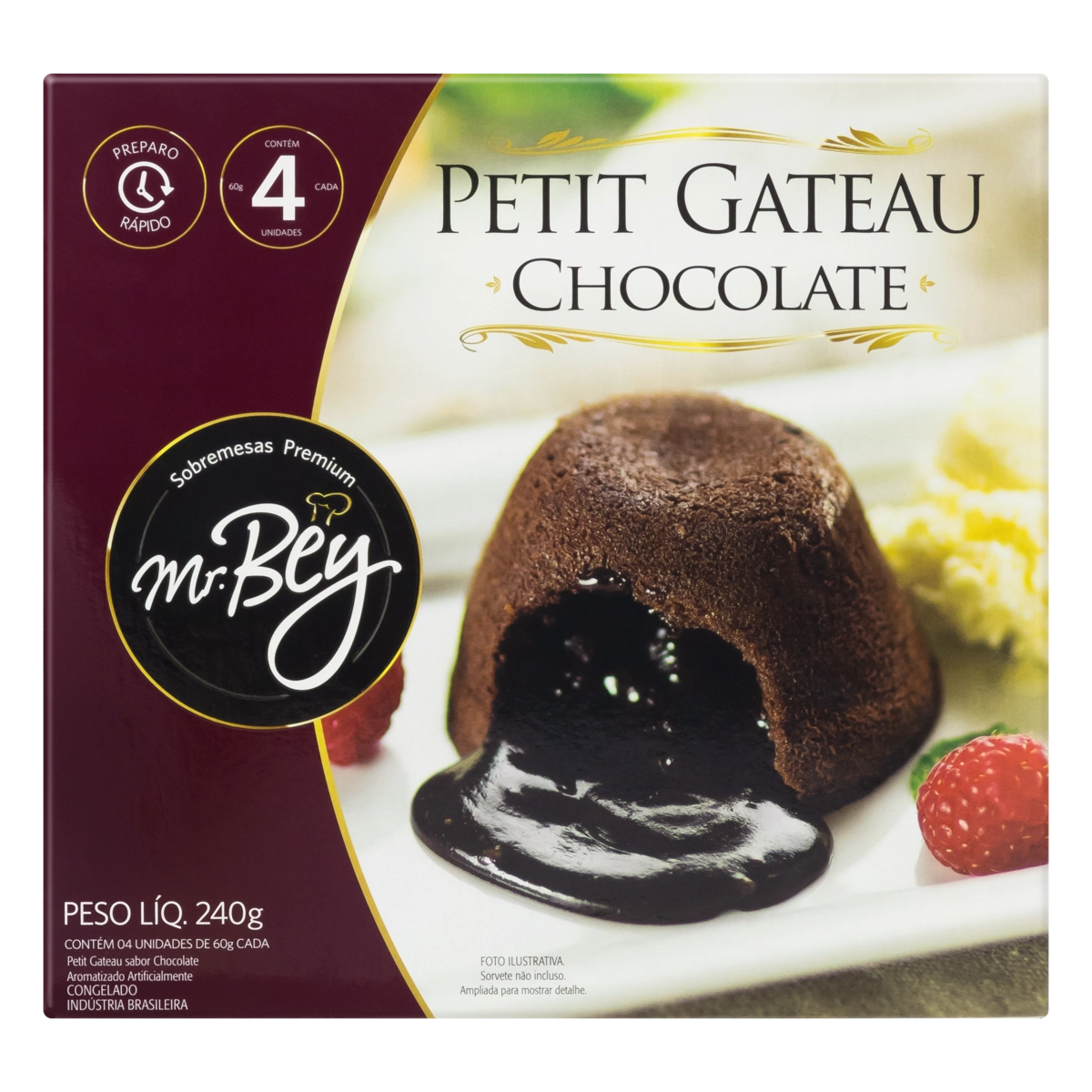 Petit Gâteau Congelado Chocolate Mr. Bey Sobremesas Premium Caixa 240g 4 Unidades