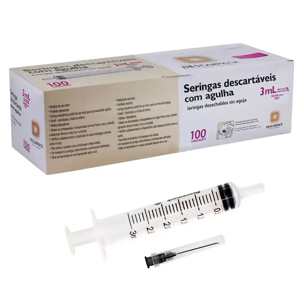 Seringa Hipodérmica Descarpack - 3 ml - Luer Slip - Com Agulha 25x0,7mm - Com 100 unidades - Seringa