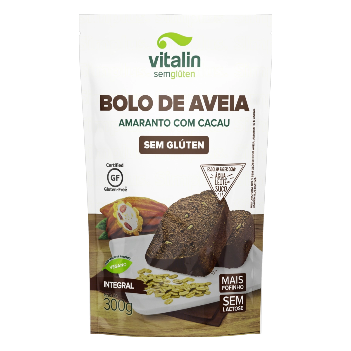 Mistura Para Bolo Integral Aveia E Amaranto Com Cacau Sem Glúten Zero Lactose Vitalin Sachê 300g