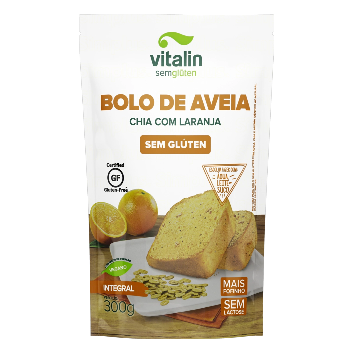 Mistura Para Bolo Integral Aveia E Chia Com Laranja Sem Glúten Zero Lactose Vitalin Sachê 300g
