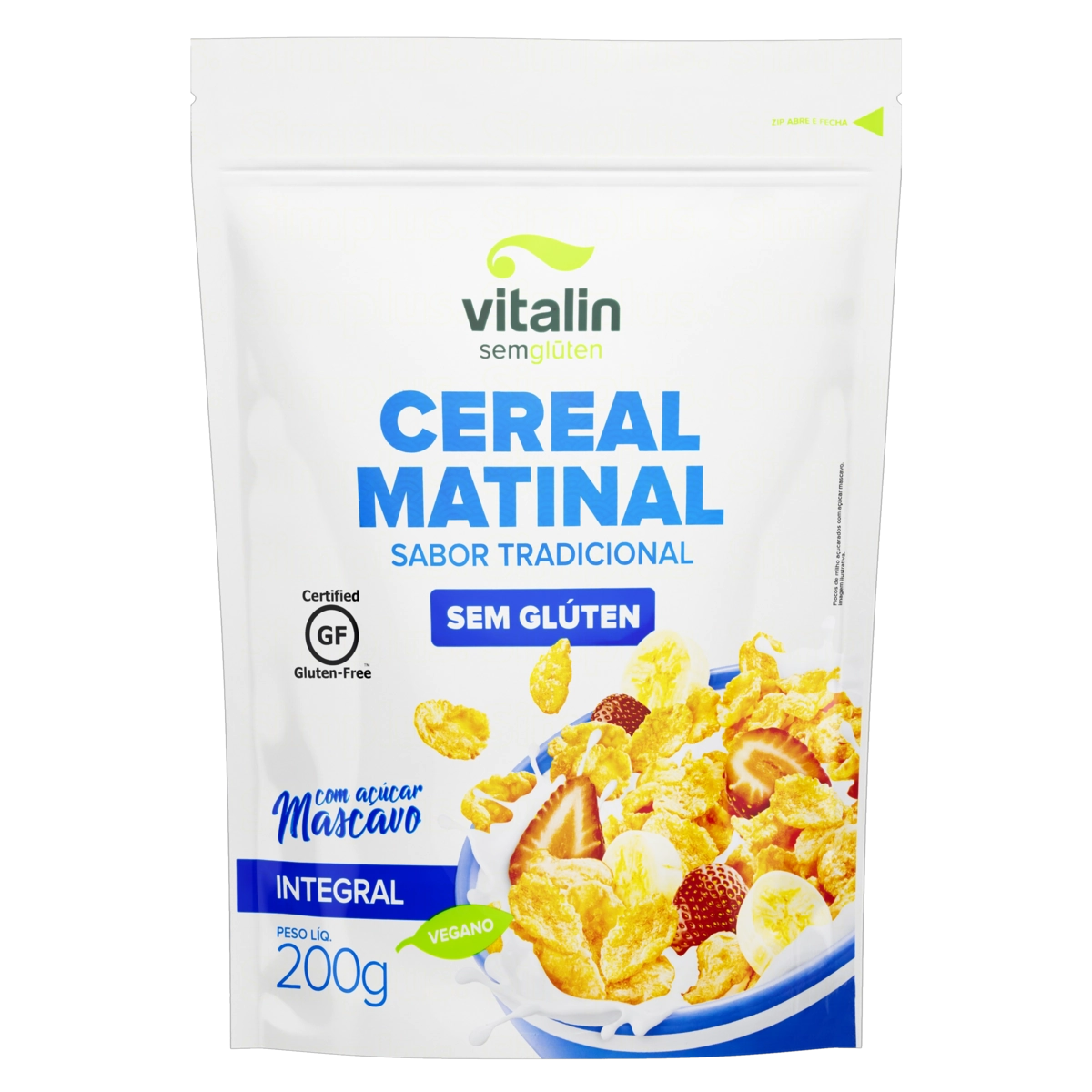 Cereal Matinal Com Açúcar Mascavo Integral Tradicional Sem Glúten Vitalin Pouch 200g