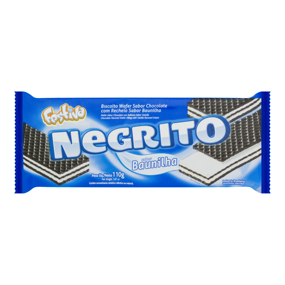 Biscoito Wafer Chocolate Com Recheio De Baunilha Festiva Negrito Pacote 110g