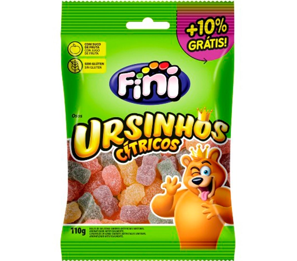 Bala De Gelatina Sortida Sem Glúten Ursinhos Cítricos Fini Pacote 110g Grátis 10