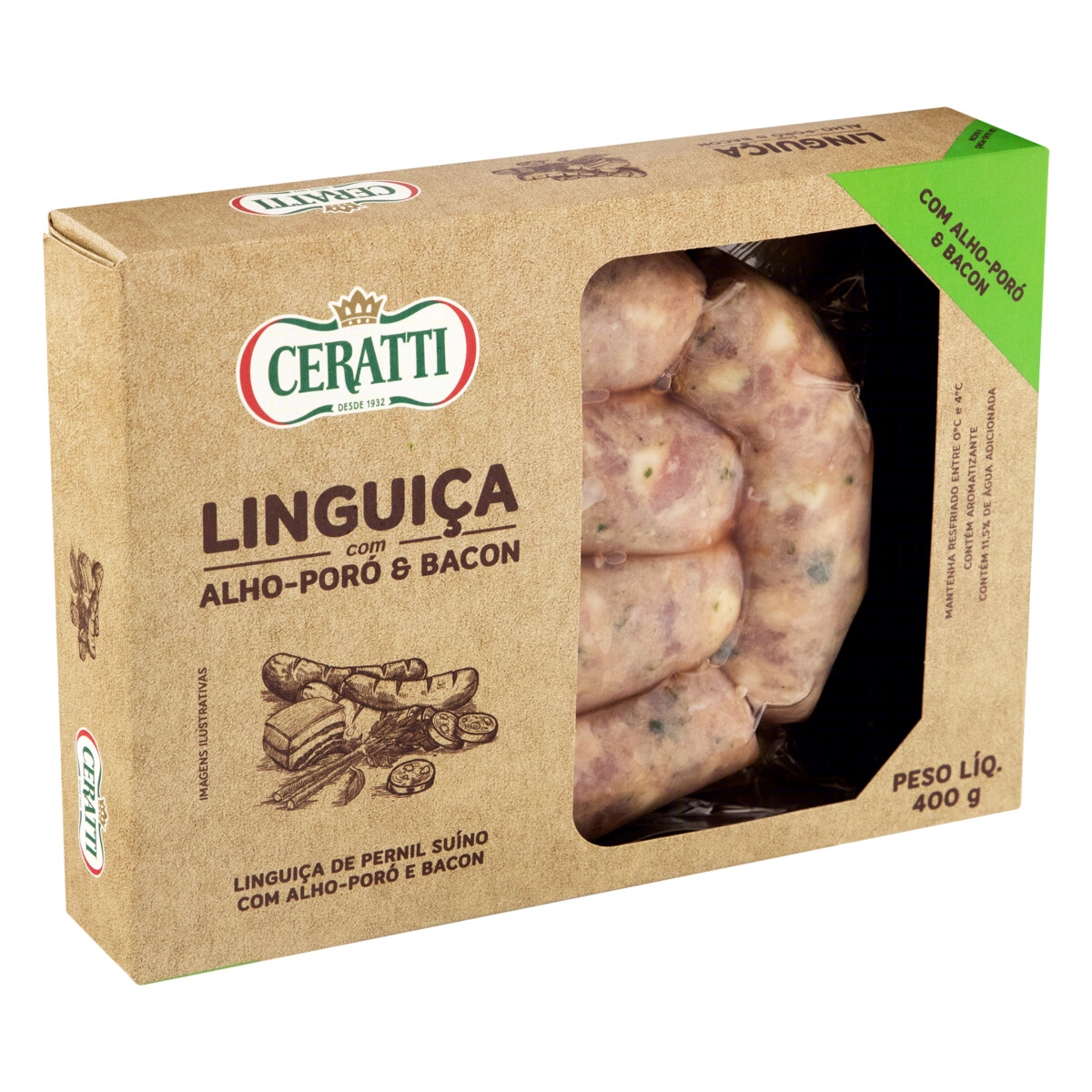 Linguiça De Pernil Suíno Com Alho Poró E Bacon Ceratti 400g