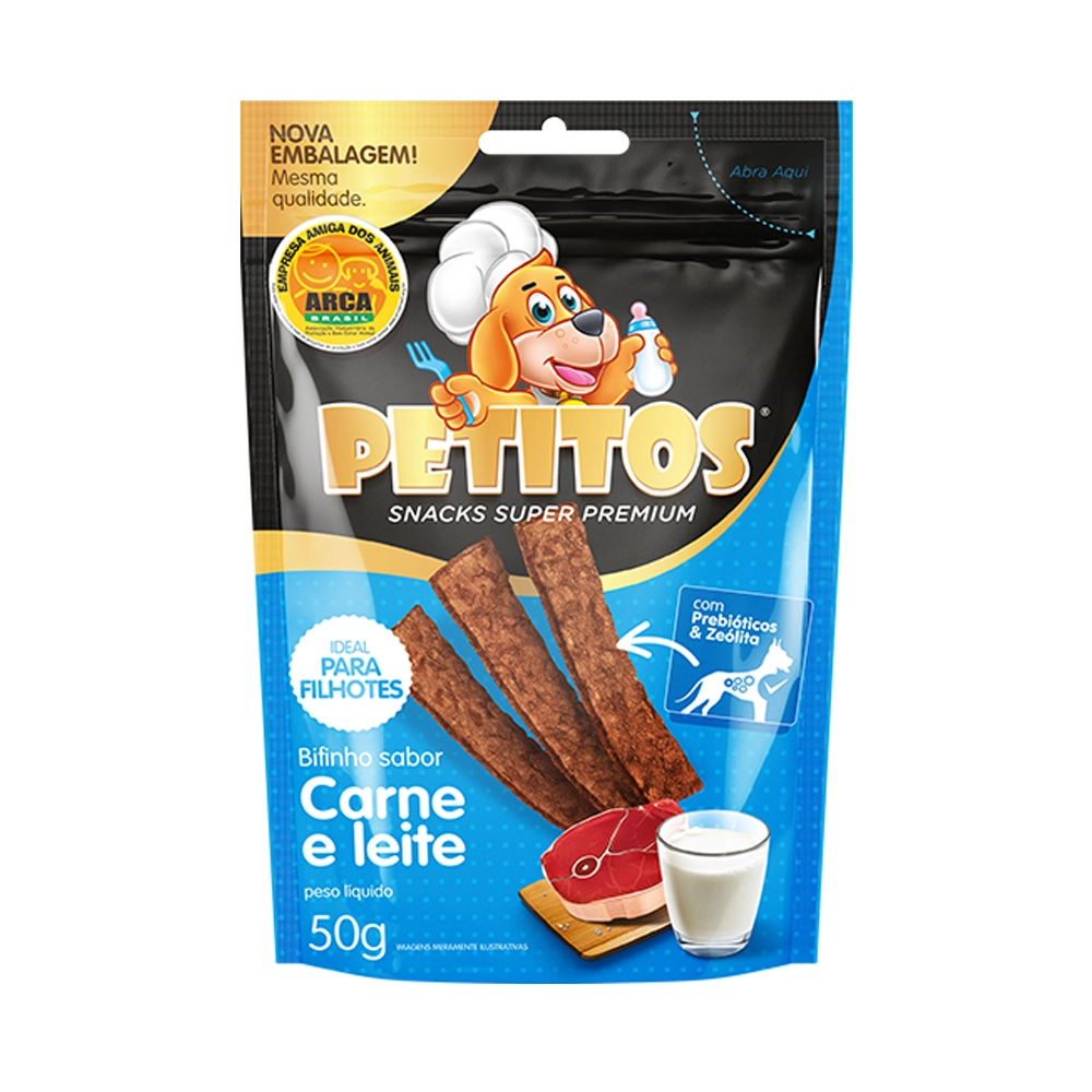 Snack Petitos Para Cães Filhotes Sabor Carne E Leite 50g