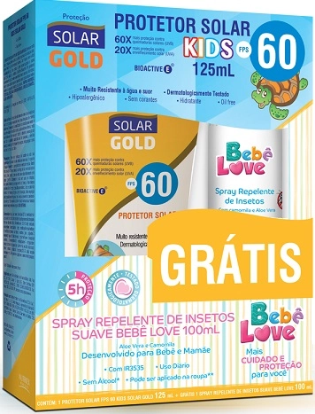 Kit Protetor Solar Fps 60 Solar Gold Kids Grátis Spray Repelente De Insetos Suave Bebê Love 100ml