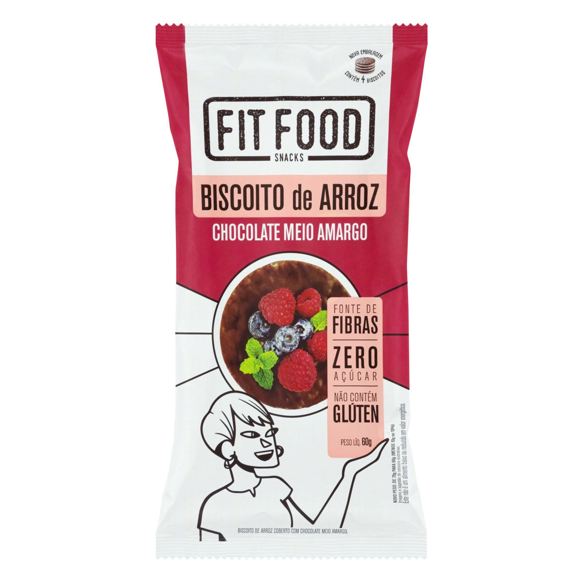 Biscoito De Arroz Cobertura Chocolate Meio Amargo Zero Açúcar Fit Food Pacote 60g