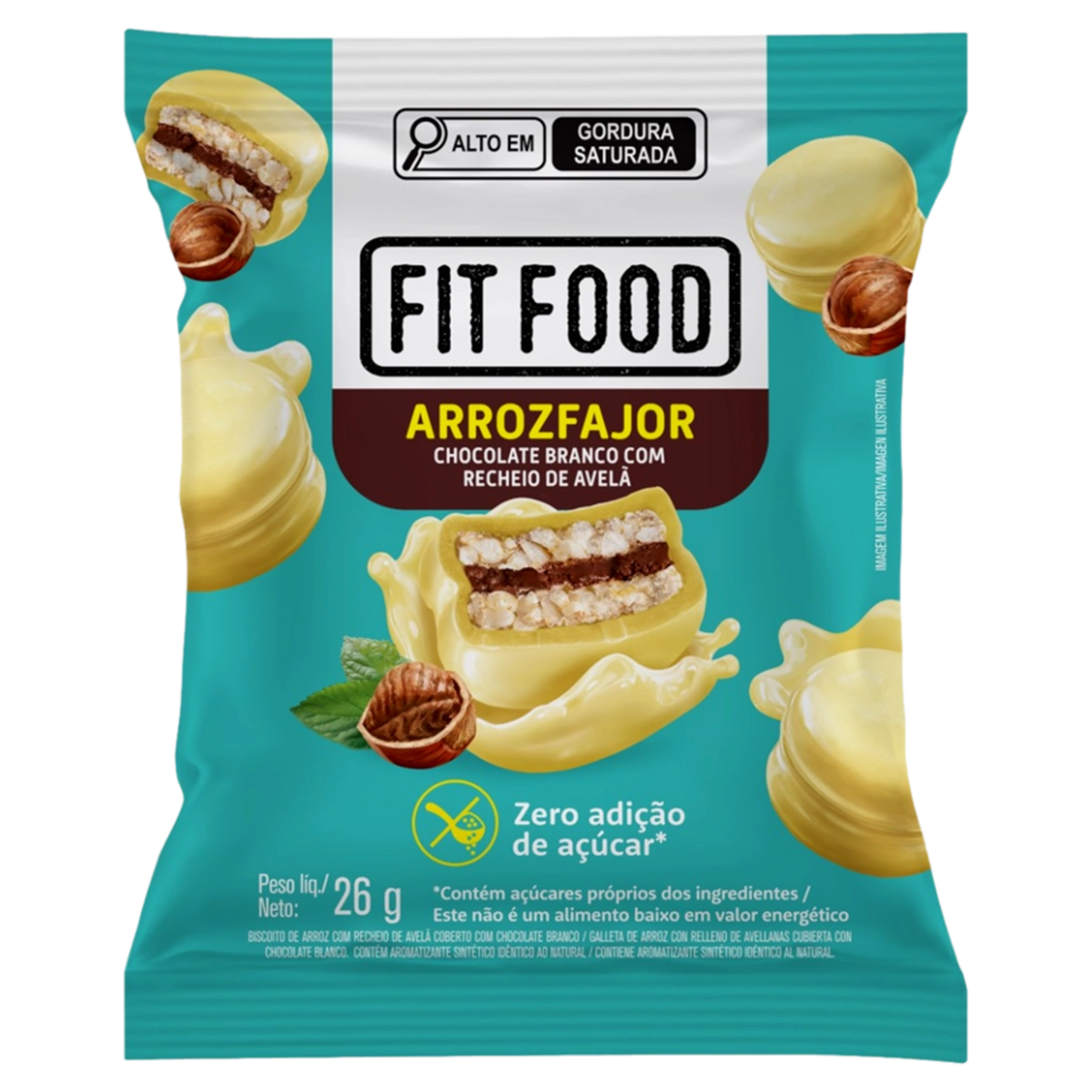 Biscoito De Arroz Recheio Avelã Cobertura Chocolate Branco Fit Food Arrozfajor Pacote 26g