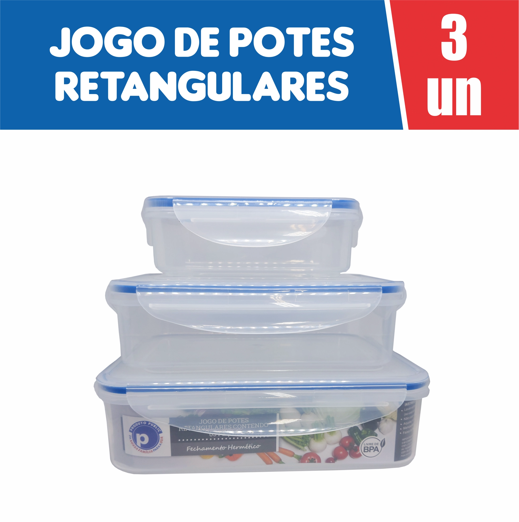 Kit 03 Vasilhas De Plastico Retangular Public Azul
