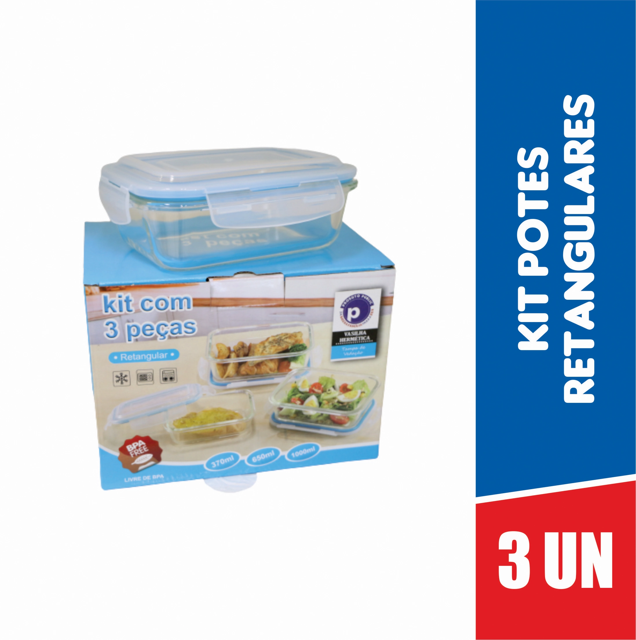 Kit Vasilha Vidro Quadrada Bor C/3 Pecas 320,520,800ml Azul Public