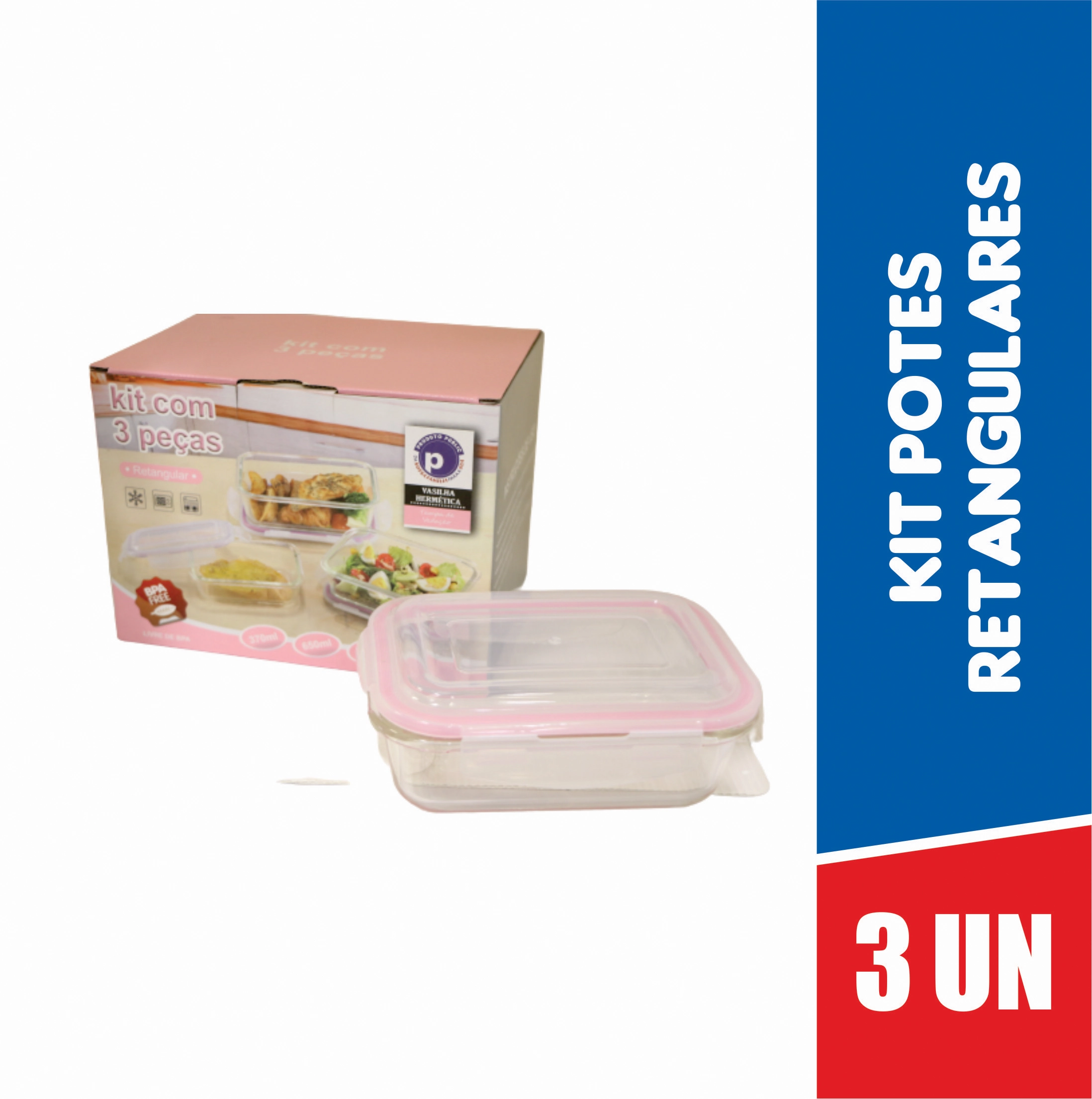Kit Vasilha Vidro Quadrada Bor C/3 Pecas 320,520,800ml Rosa Public