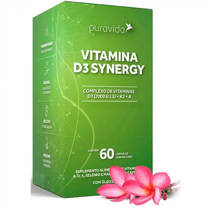 Vitamina D3 Synergy 1200mg Puravida Caixa 99g 60 Cápsulas Gelatinosas