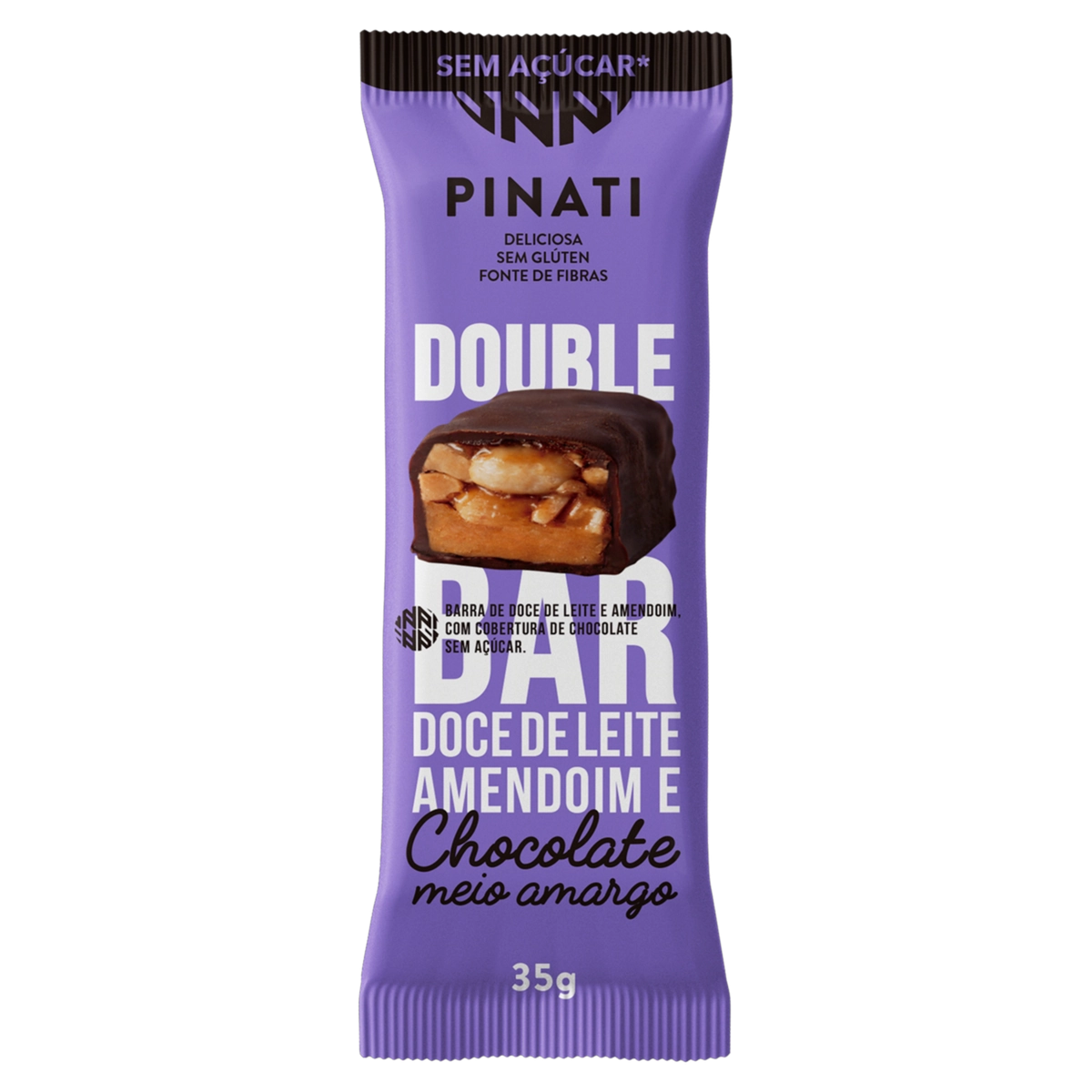 Barra De Doce De Leite Amendoim Cobertura Chocolate Meio Amargo Zero Açúcar Pinati Double Bar Pacote