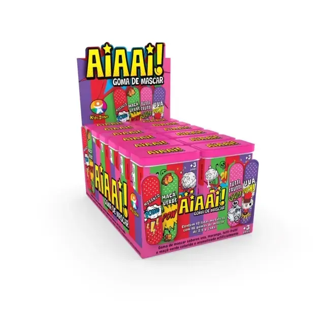 Goma De Mascar Uva, Morango, Tutti Frutti Ou Maçã Verde Kids Zone Aiaai Lata 45g 18 Unidades