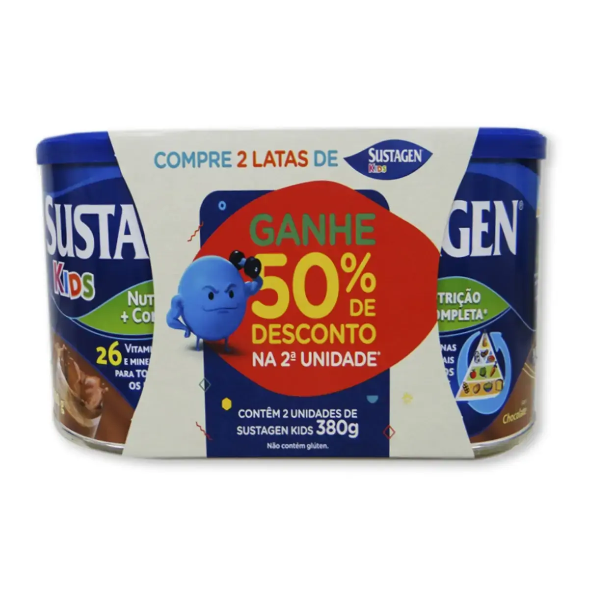 Pack Pó Para Preparo De Bebida Chocolate Sustagen Kids Lata 2 Unidades 380g Cada Grátis 50 De Descon