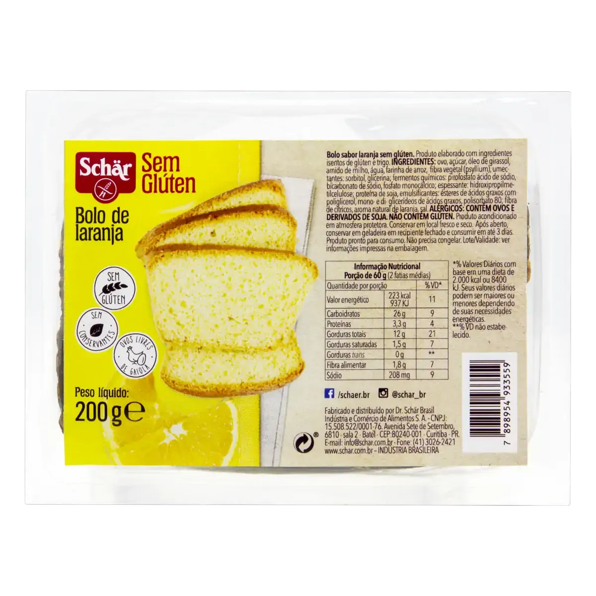 Bolo Laranja Sem Glúten Schär Pacote 200g
