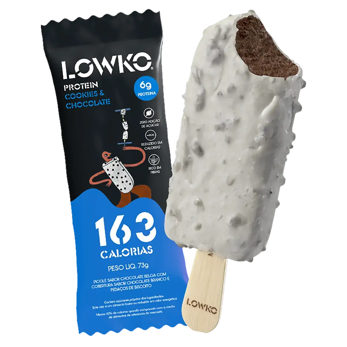Picolé Cookies Chocolate Cobertura Chocolate Branco E Pedaços De Biscoito Lowko Protein Pacote 73g