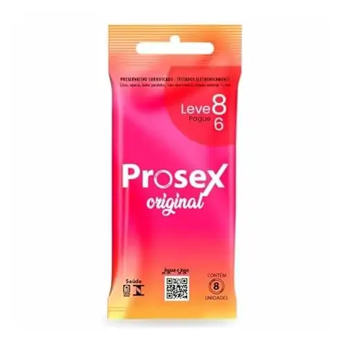 Preservativo Masculino Lubrificado Original Prosex Pacote Leve 8 Pague 6 Unidades