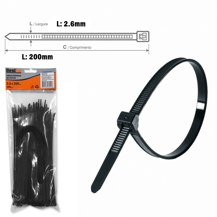 Abracadeira Preta 3,6x200mm Nylon Bfh0310 Bestfer