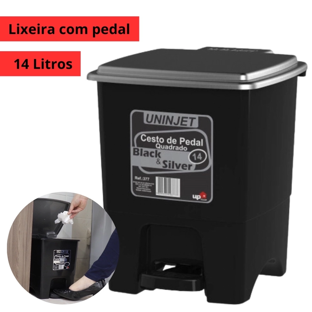 Lixeira C/ Pedal Quadrada Pret/prat 14l