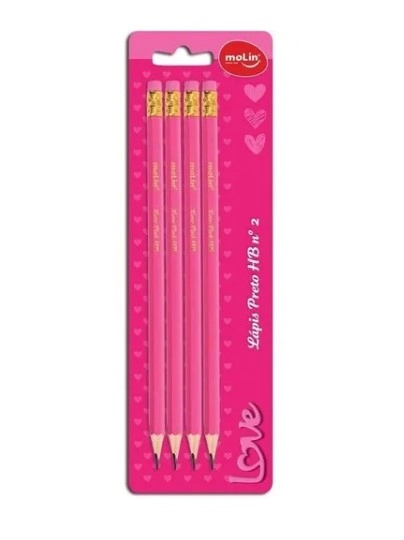 Lapis Molin Preto Hb Love Pink Blister C/ 4 Unid