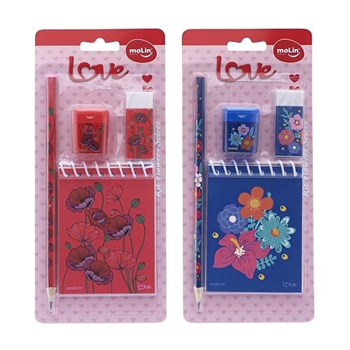 Kit 1 Lapis Borracha Apontador Bloco Anotacao Love Flowers 22914 Molin