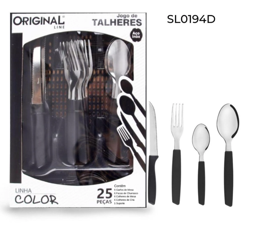 Sl0194 Jogo De Talheres Color 25 Pcs Com Porta Talheres Preto Cx8