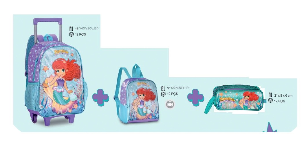 Kit Mochila C/carrinho/lancheira Sereia Ref.sr23114k