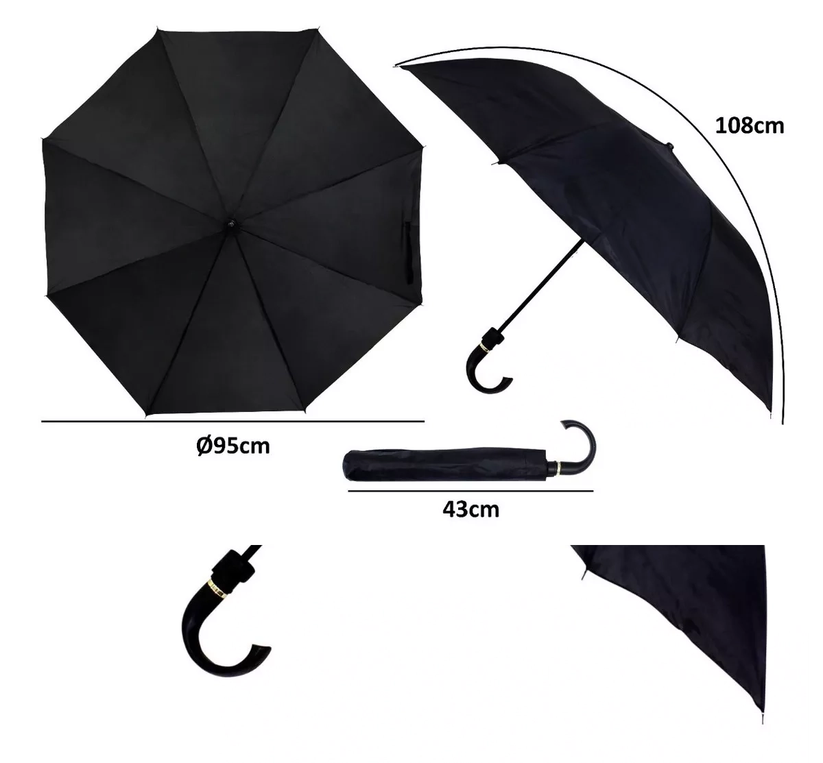 Guarda Chuva Bengala Preto Automatico Poliester 95cm Ca50012 Imporient