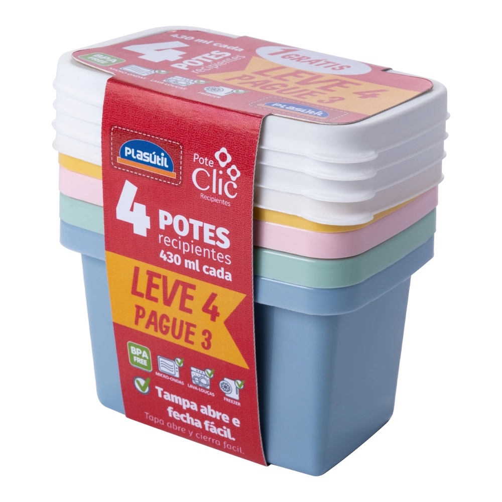 Cj Pote Plasutil Retangular 430ml Clic C/4