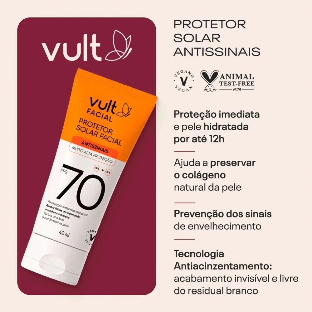 Protetor Solar Facial Antissinais Fps 70 Vult 40ml