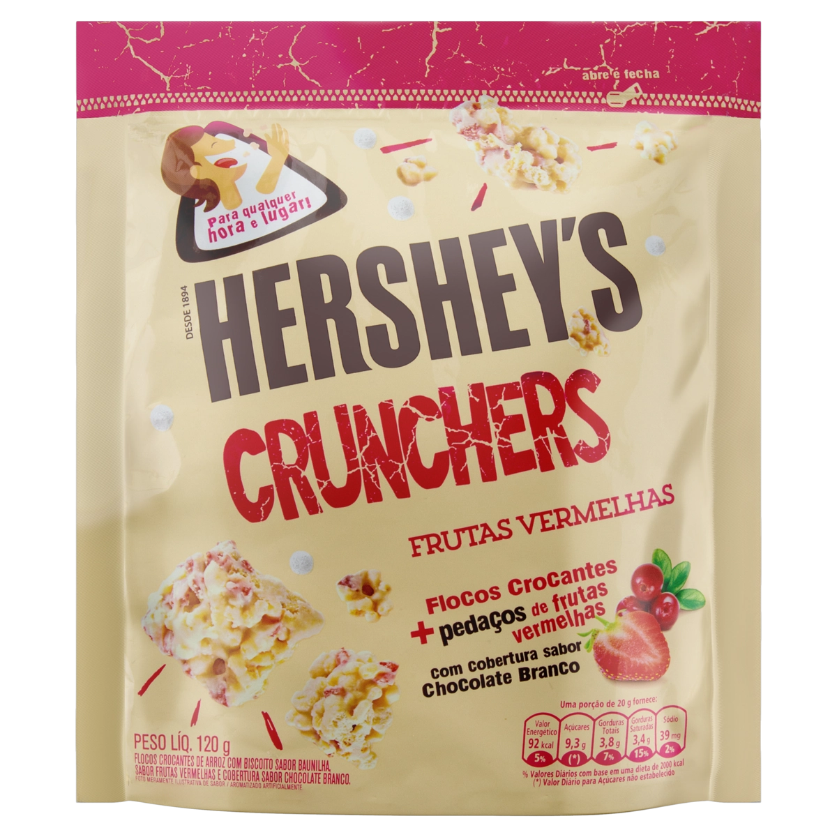 Flocos De Arroz Crunchers Frutas Vermelhas Cobertura Chocolate Branco Hersheys Pouch 120g