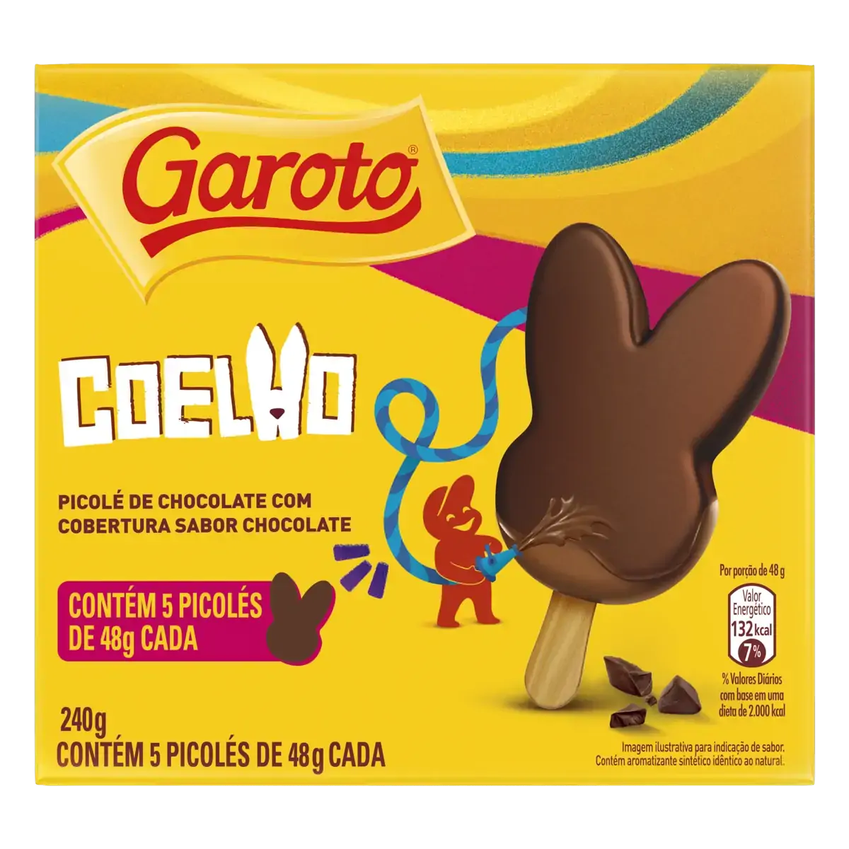 Pack Picolé Chocolate Cobertura Chocolate Coelho Garoto Caixa 240g 5 Unidades