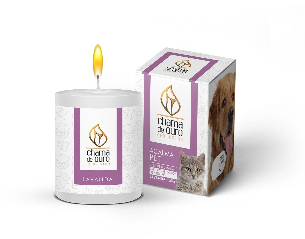 Vela Acalma Pet Lavanda Neutralizador Odor 60g 60lapet Chama De Ouro