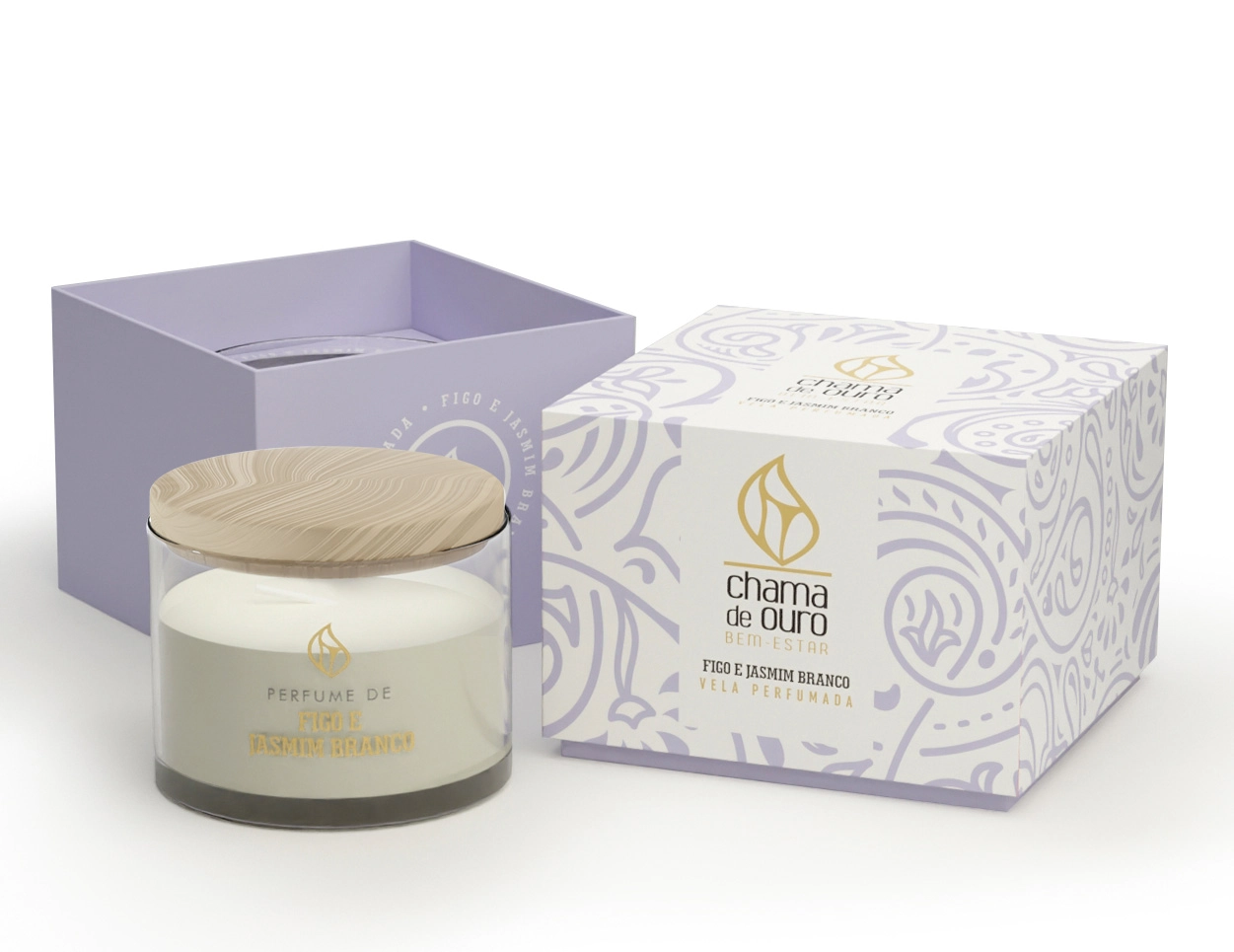 Vela Perfumada Copo Madeira Figo Jasmim Branco 70g 70fija Chama De Ouro