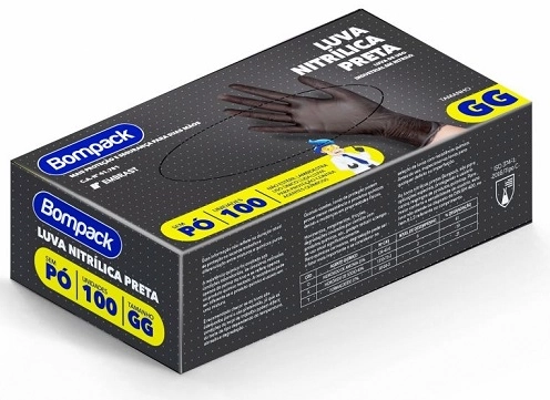 Luva Nitrilica Bompack Preta Sem Amido C/100 Gg
