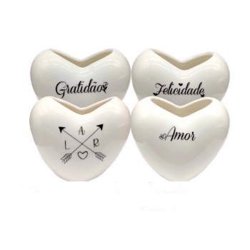 Enfeite Coracao Frases Ceramica Branco 10x6,5x8cm