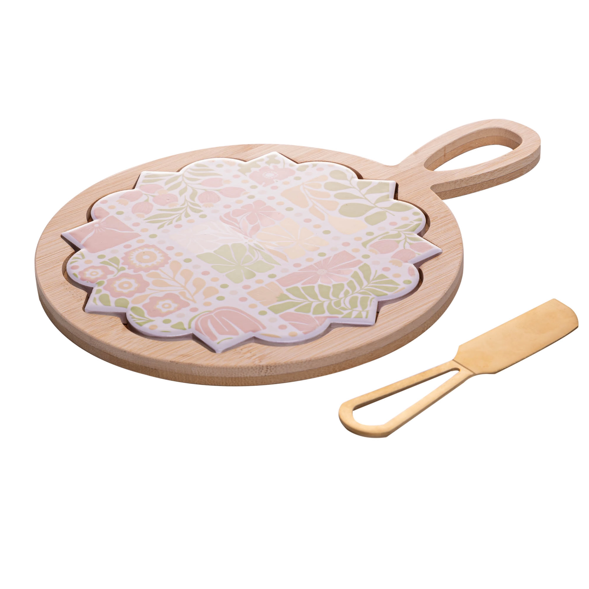 Kit Queijo Tabua Redonda Faca Floral 30.5x20cm 3pcs 220940 Rojemac