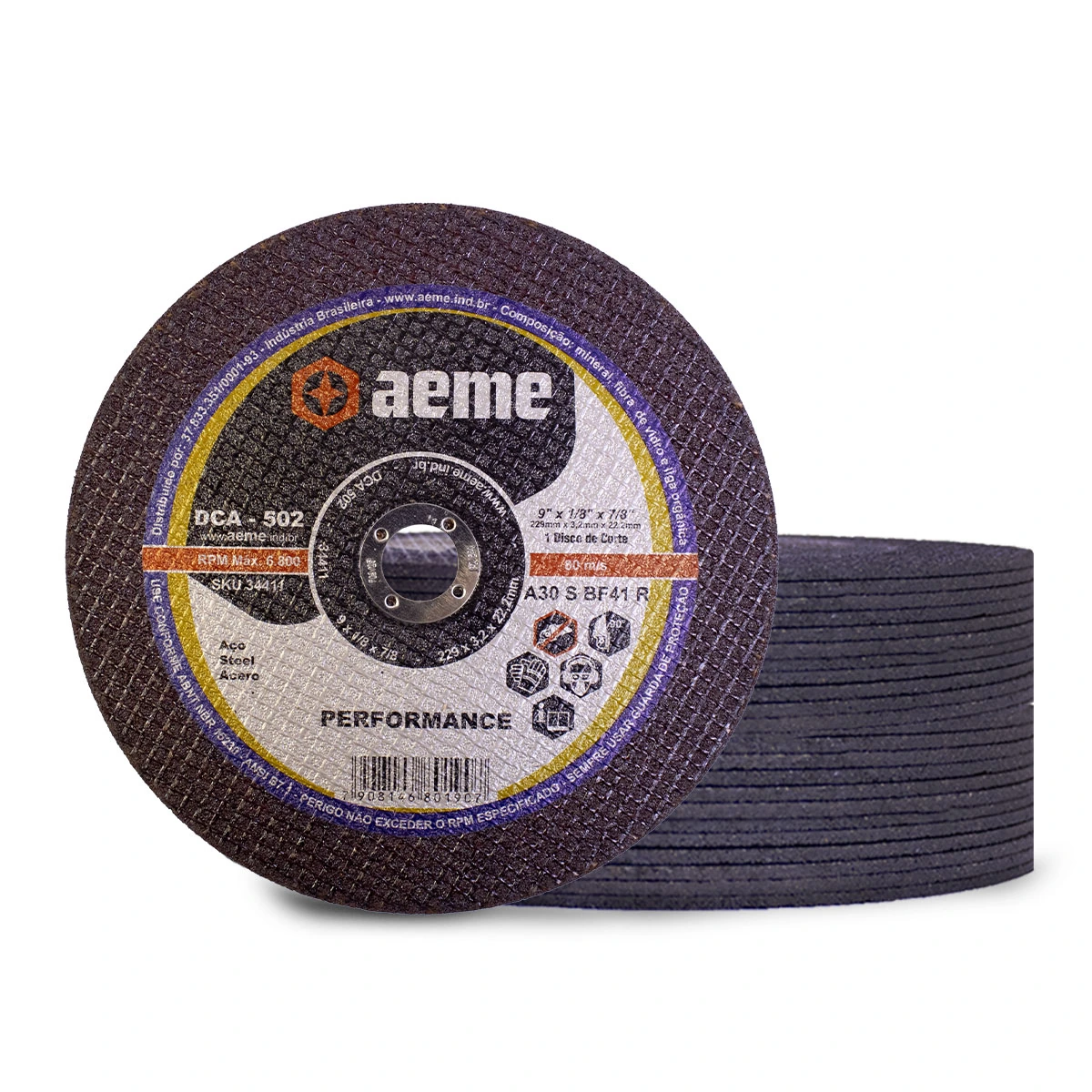 Disco Corte Aeme Aço Dca 502 9x1/8x7/8 2t (229x3.2x22.2) Reforçado 50 Unidades